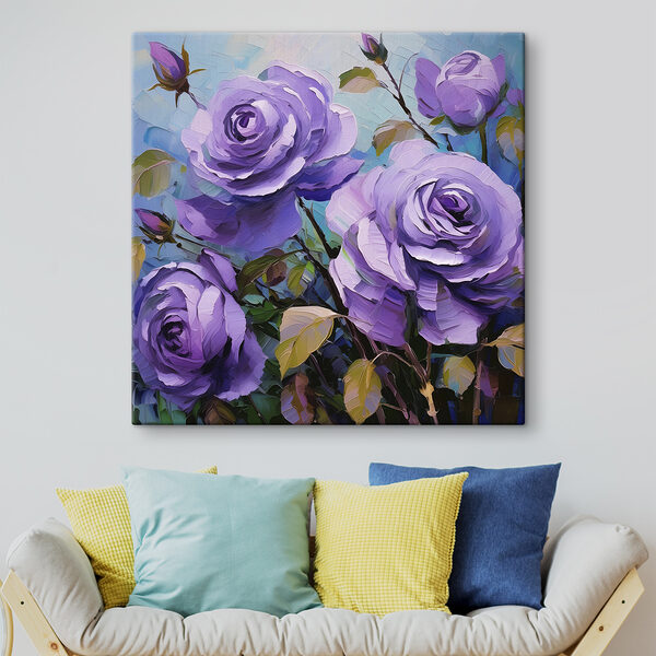 A painting of purple roses