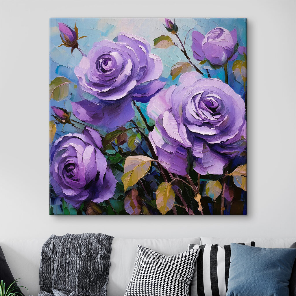 A painting of purple roses