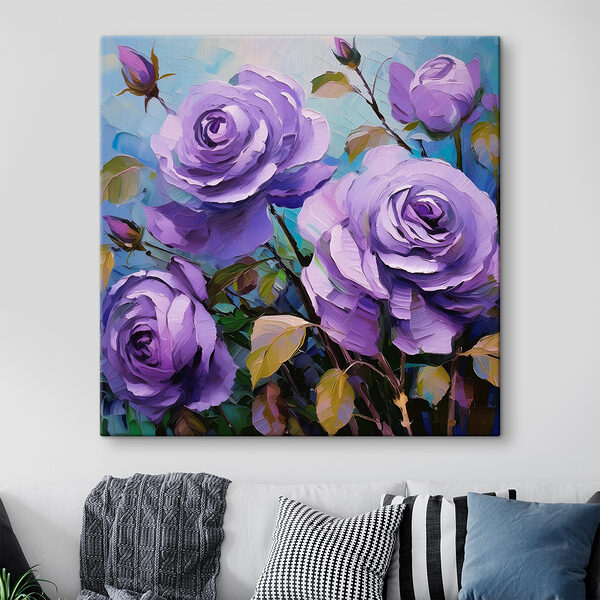 A painting of purple roses