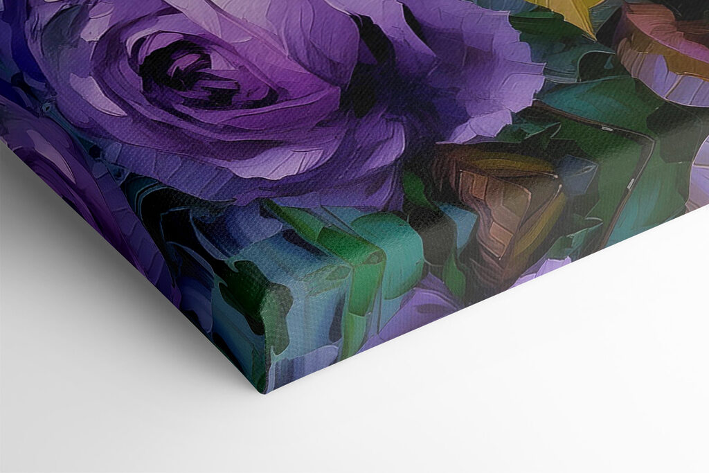 A painting of purple roses