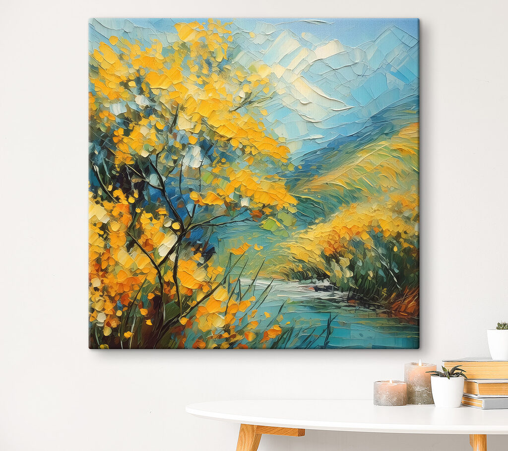 A painting of a river with yellow flowers
