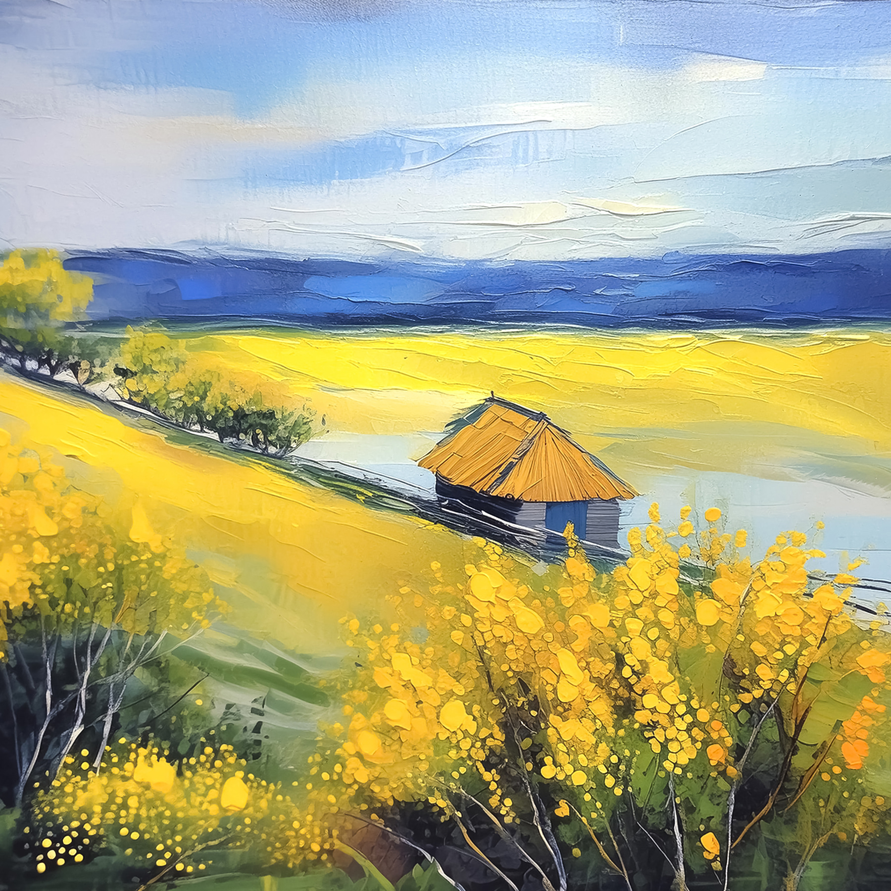A painting of a house in a field of yellow flowers
