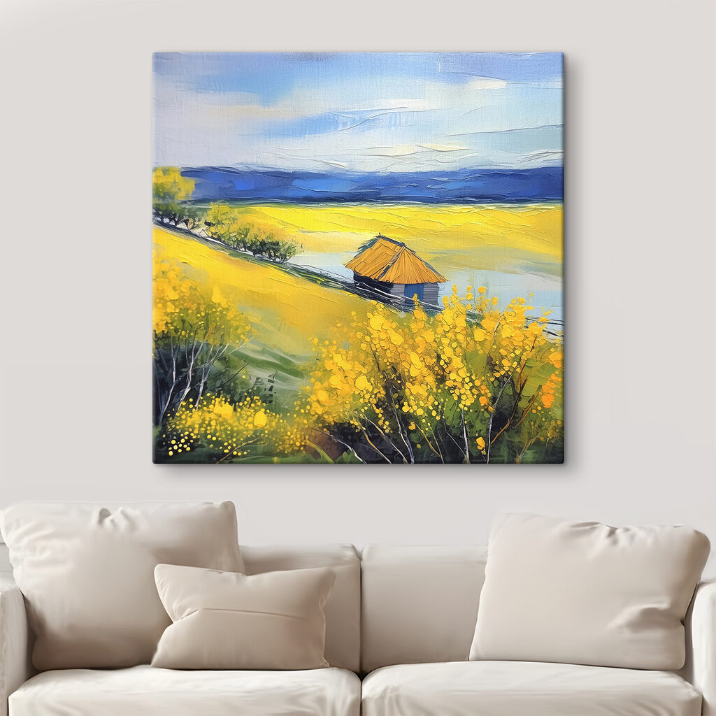 A painting of a house in a field of yellow flowers