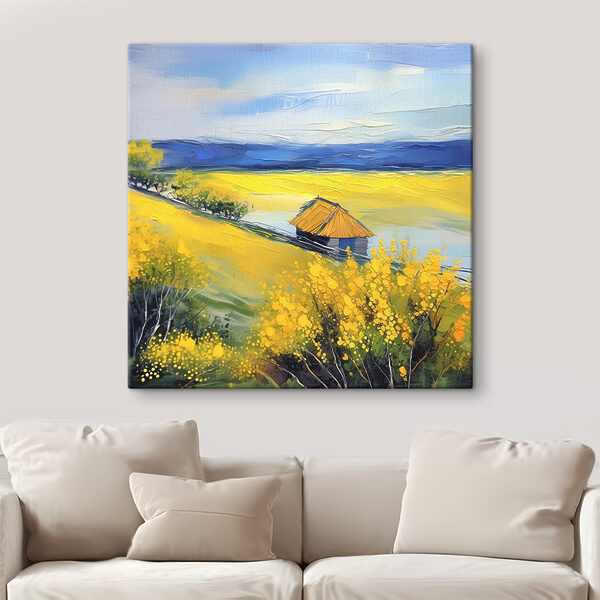 A painting of a house in a field of yellow flowers