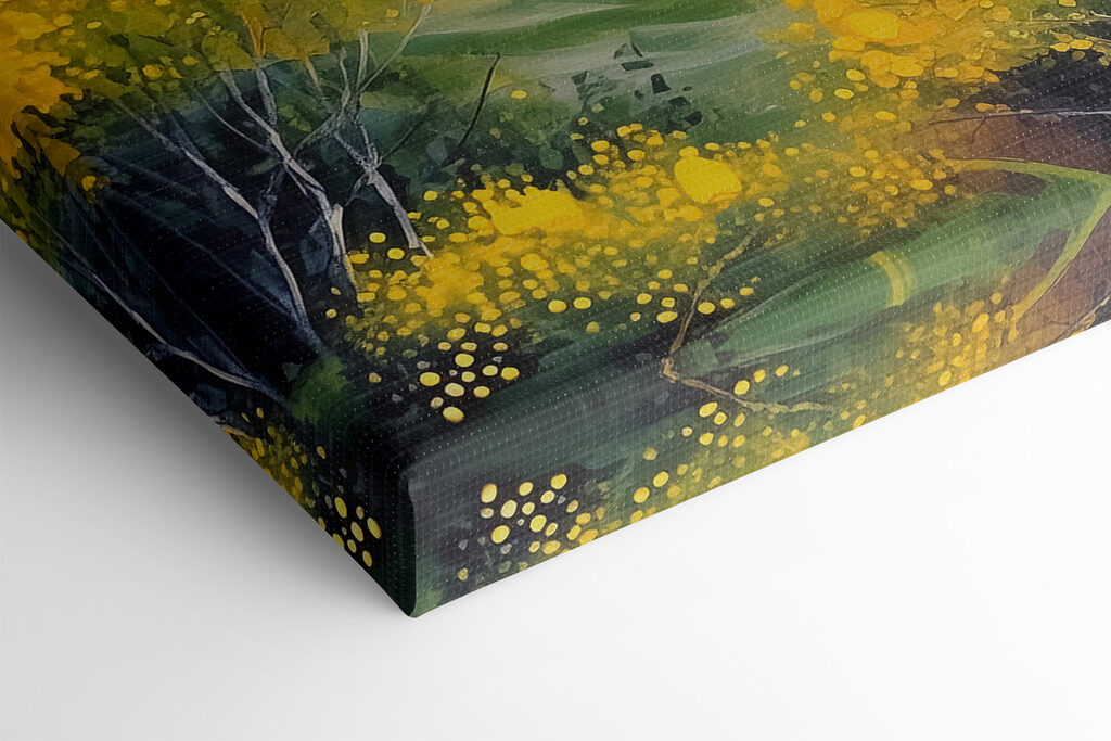 A painting of a house in a field of yellow flowers
