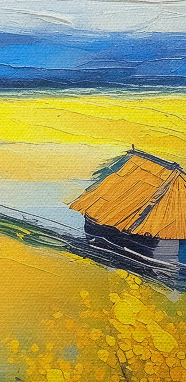 A painting of a house in a field of yellow flowers