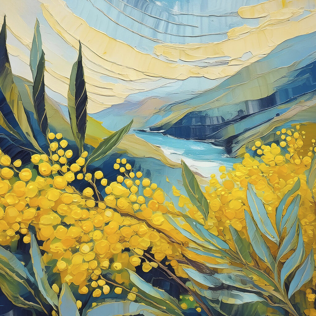 A painting of yellow flowers and blue mountains A painting of yellow flowers and blue mountains