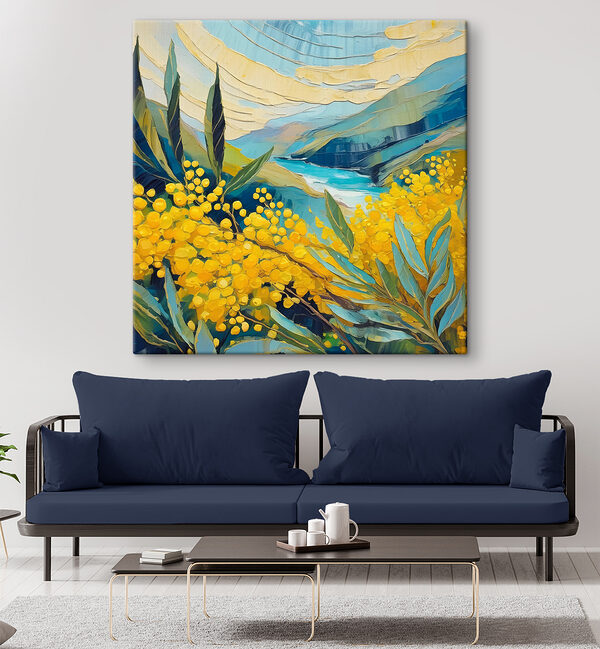 A painting of yellow flowers and blue mountains A painting of yellow flowers and blue mountains