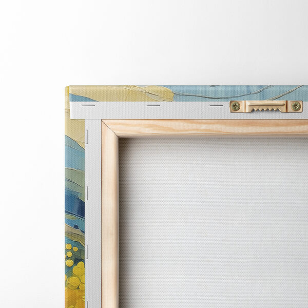 A painting of yellow flowers and blue mountains A painting of yellow flowers and blue mountains
