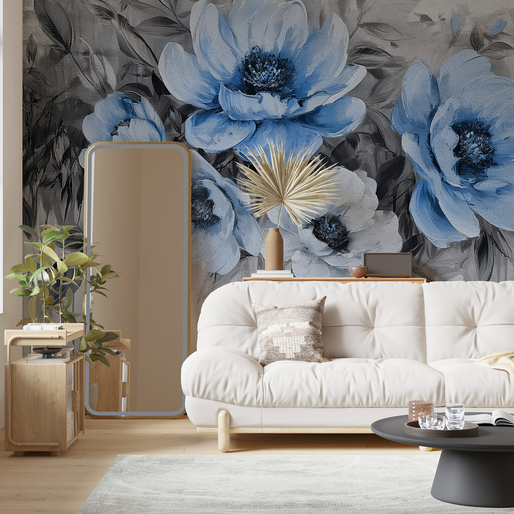 A painting of blue flowers