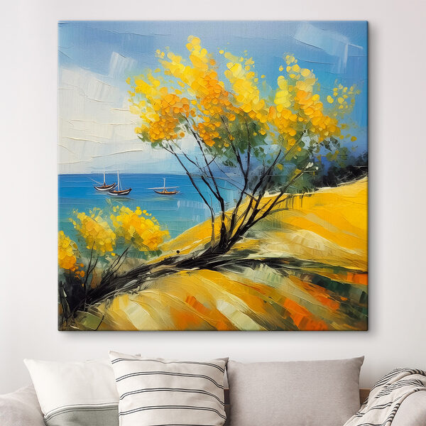 Quadri Quadri Un dipinto raffigurante un albero giallo e delle barche nell'acqua (COD: s39419)