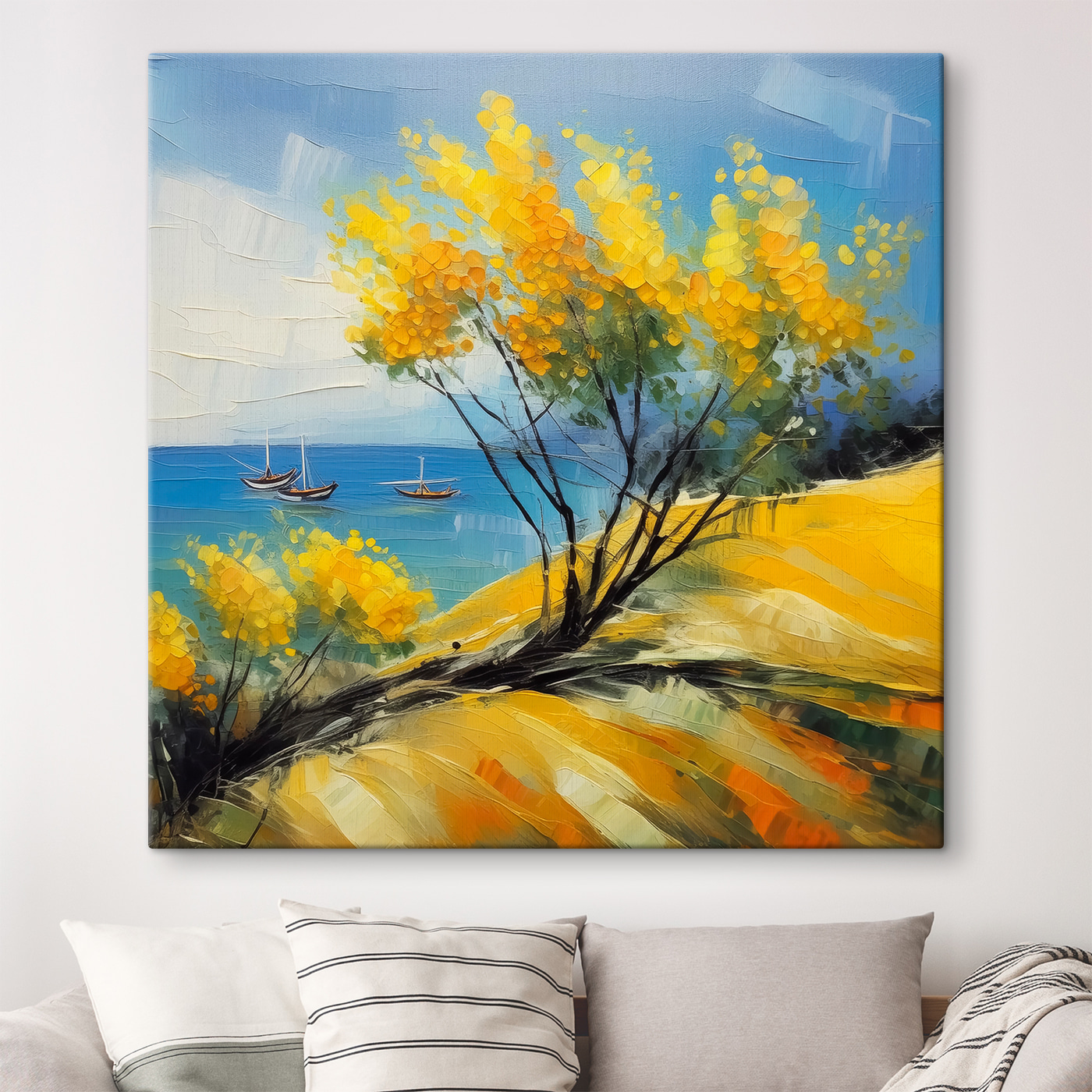 A painting of a yellow tree and boats in the water