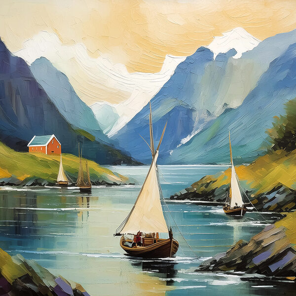 A painting of boats on a lake A painting of boats on a lake