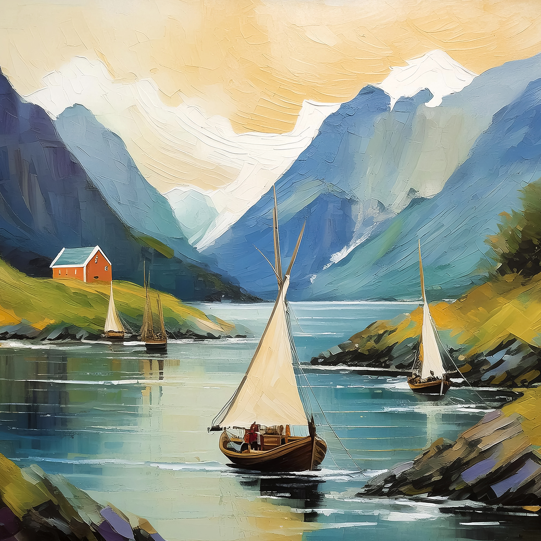 A painting of boats on a lake A painting of boats on a lake
