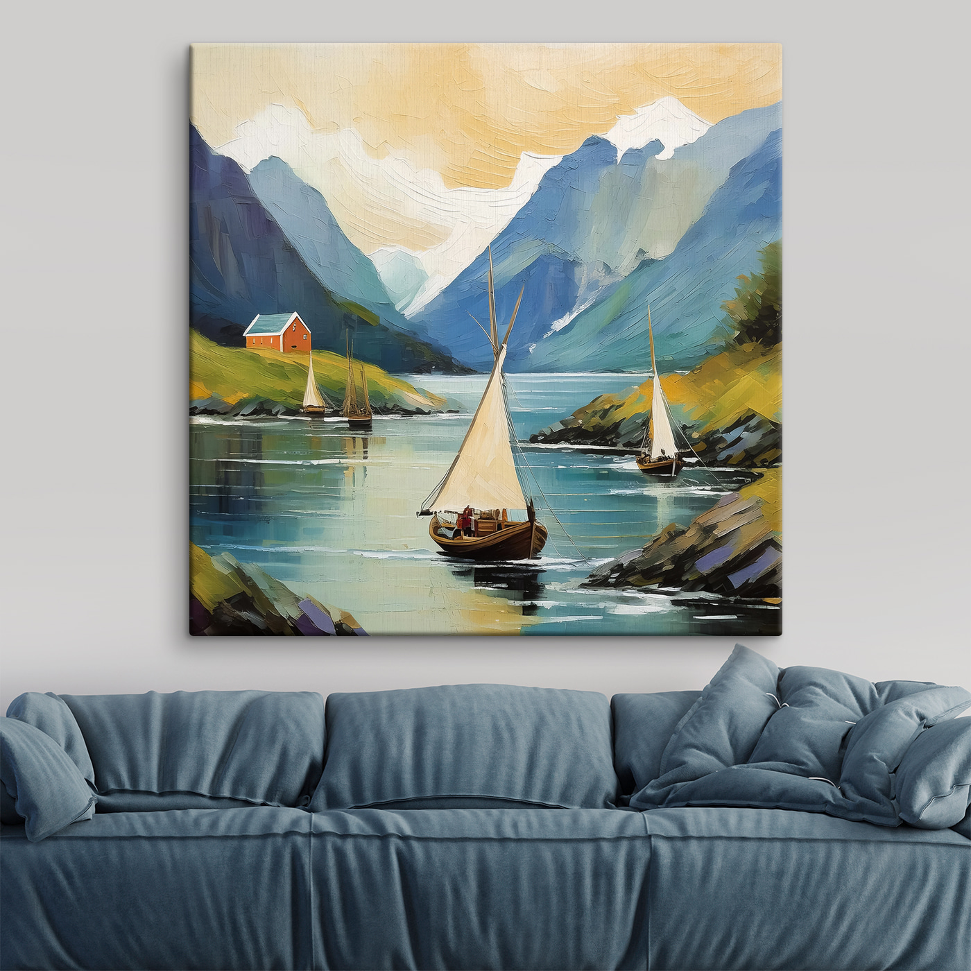 A painting of boats on a lake A painting of boats on a lake