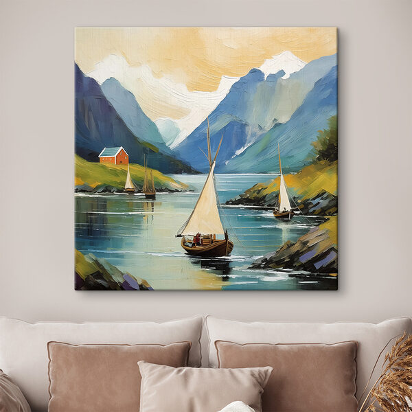 A painting of boats on a lake A painting of boats on a lake