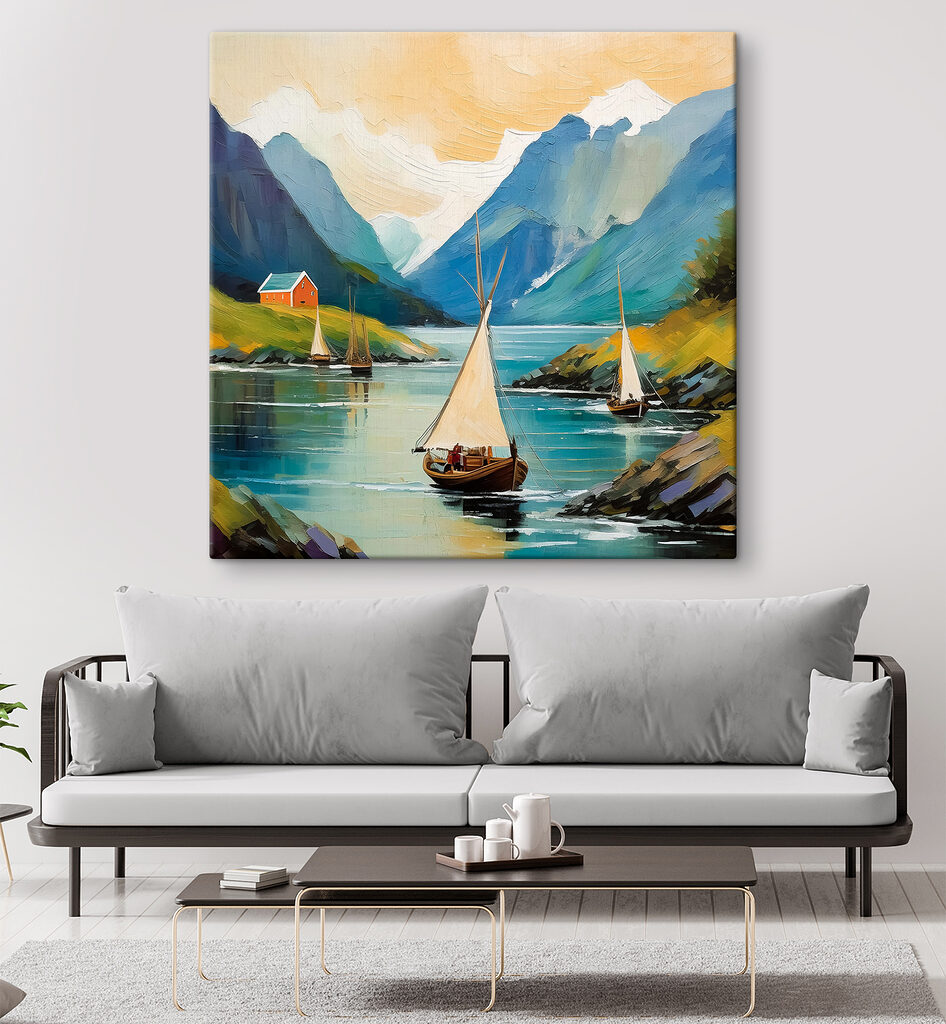 A painting of boats on a lake A painting of boats on a lake