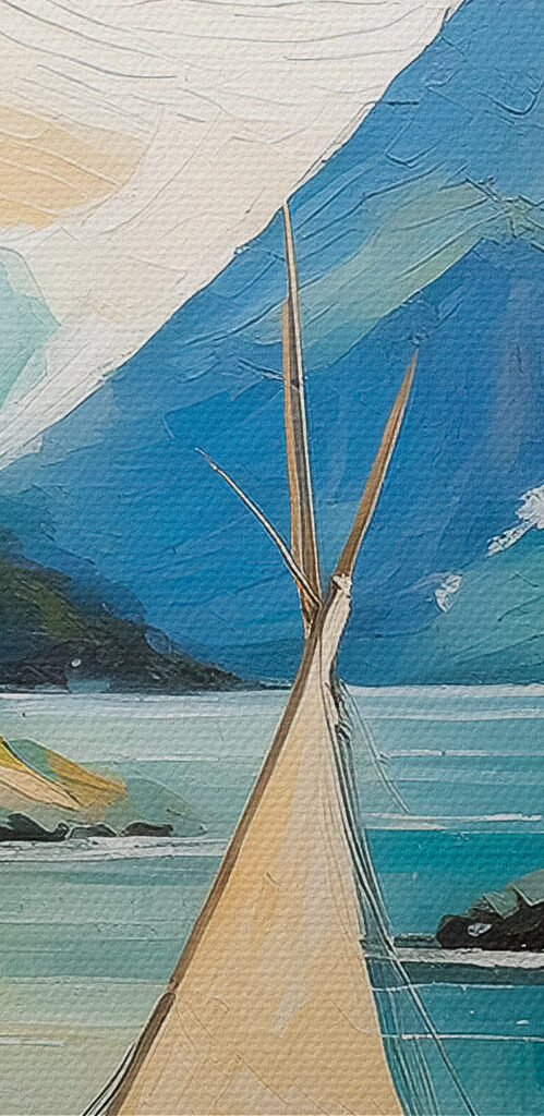 A painting of boats on a lake A painting of boats on a lake