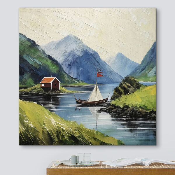 Quadri Un dipinto che raffigura una barca su un lago, con montagne e una casa sullo sfondo (COD: s39421) Quadri Quadri Un dipinto che raffigura una barca su un lago, con montagne e una casa sullo sfondo (COD: s39421)
