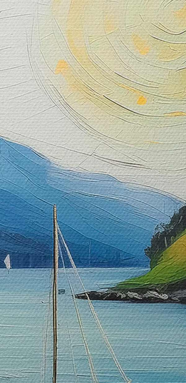 A painting of a house and boats on a lake