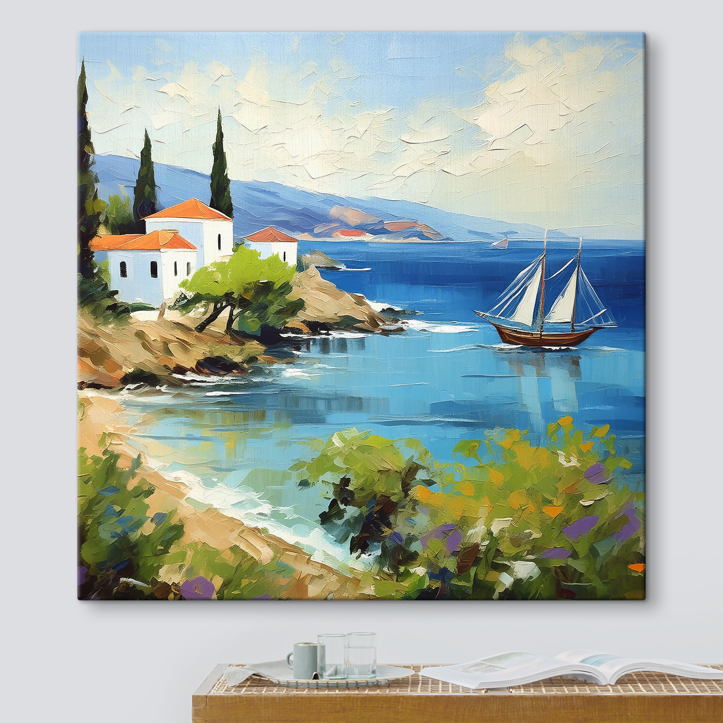 A painting of a boat on the water A painting of a boat on the water