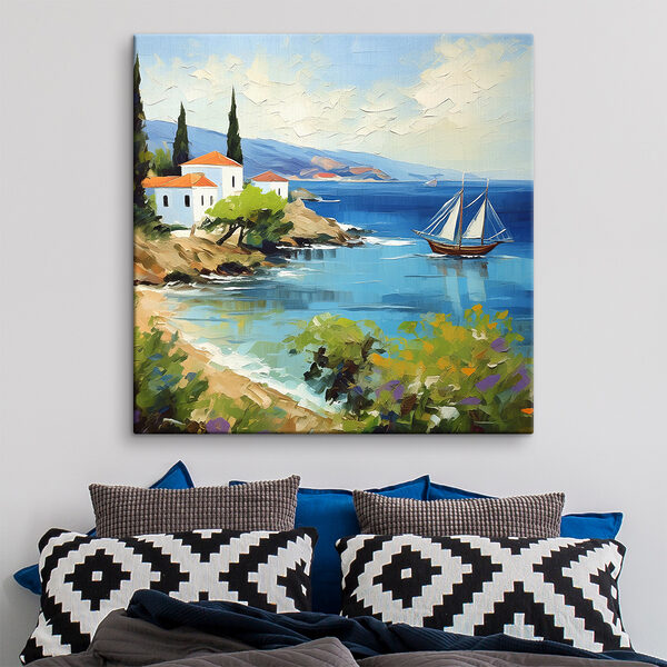 A painting of a boat on the water A painting of a boat on the water