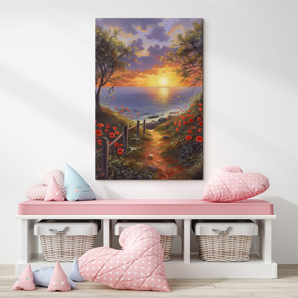 Quadri Quadri Un dipinto raffigurante un sentiero che conduce a uno specchio d'acqua, con dei fiori (COD: s39200)