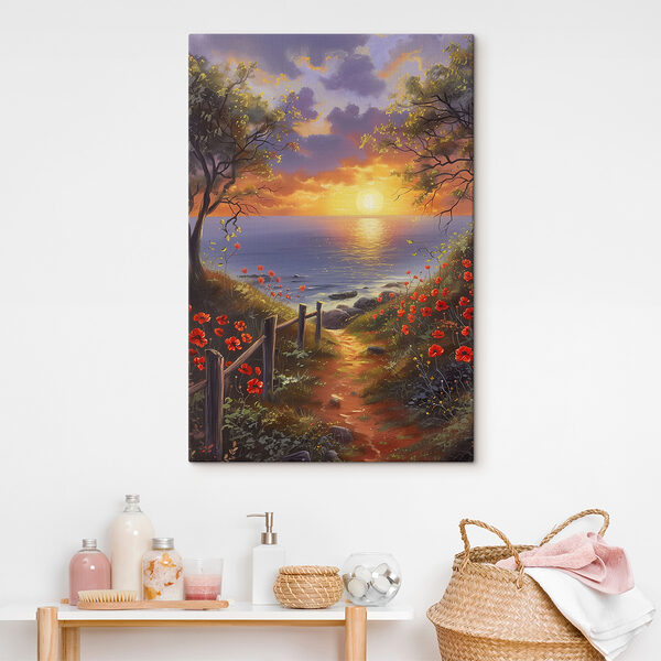 A painting of a path leading to a body of water with flowers