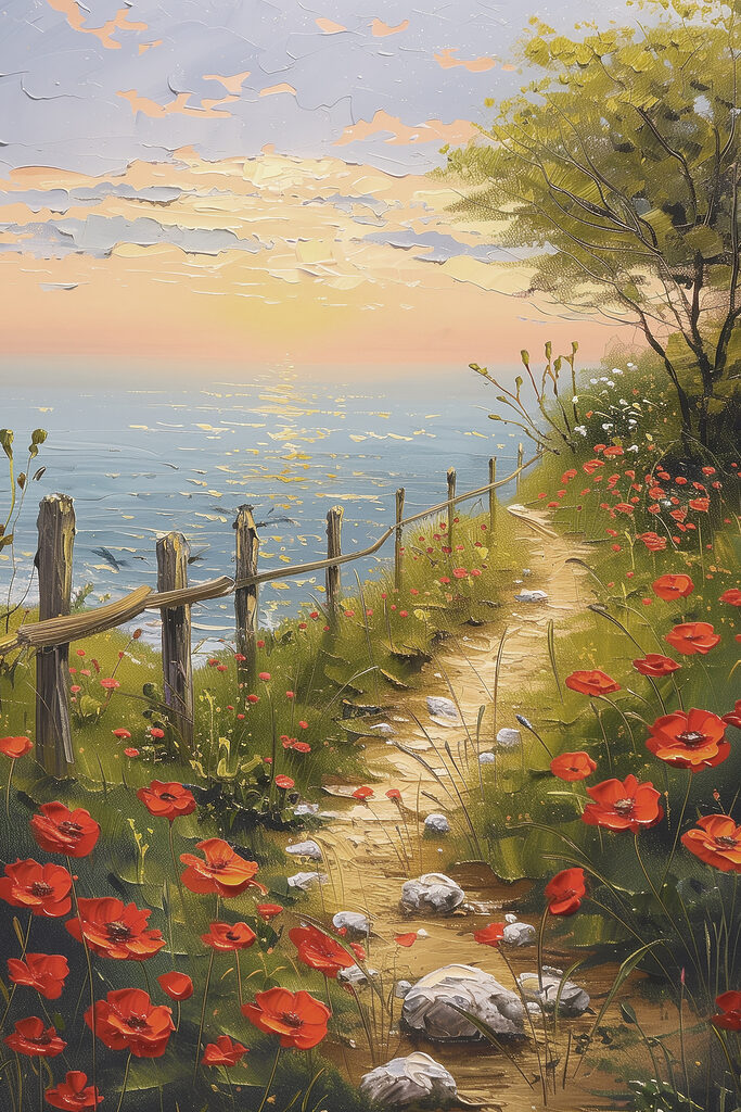 A path leading to a beach with red flowers