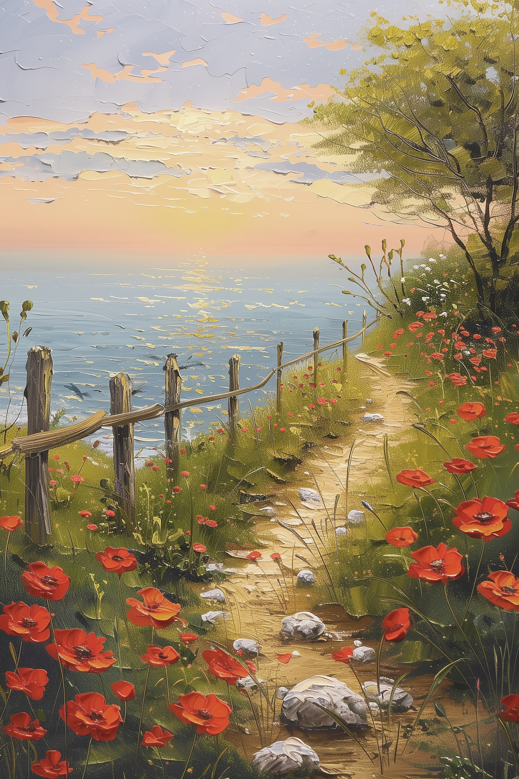 A path leading to a beach with red flowers