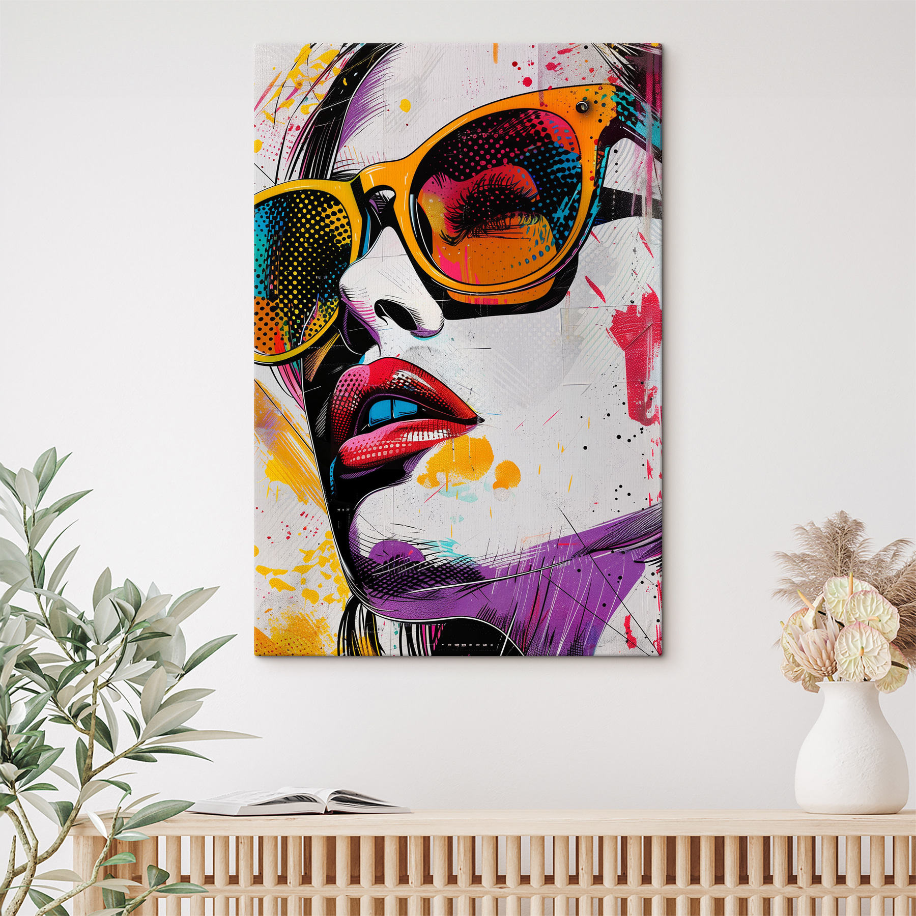 A painting of a woman wearing sunglasses