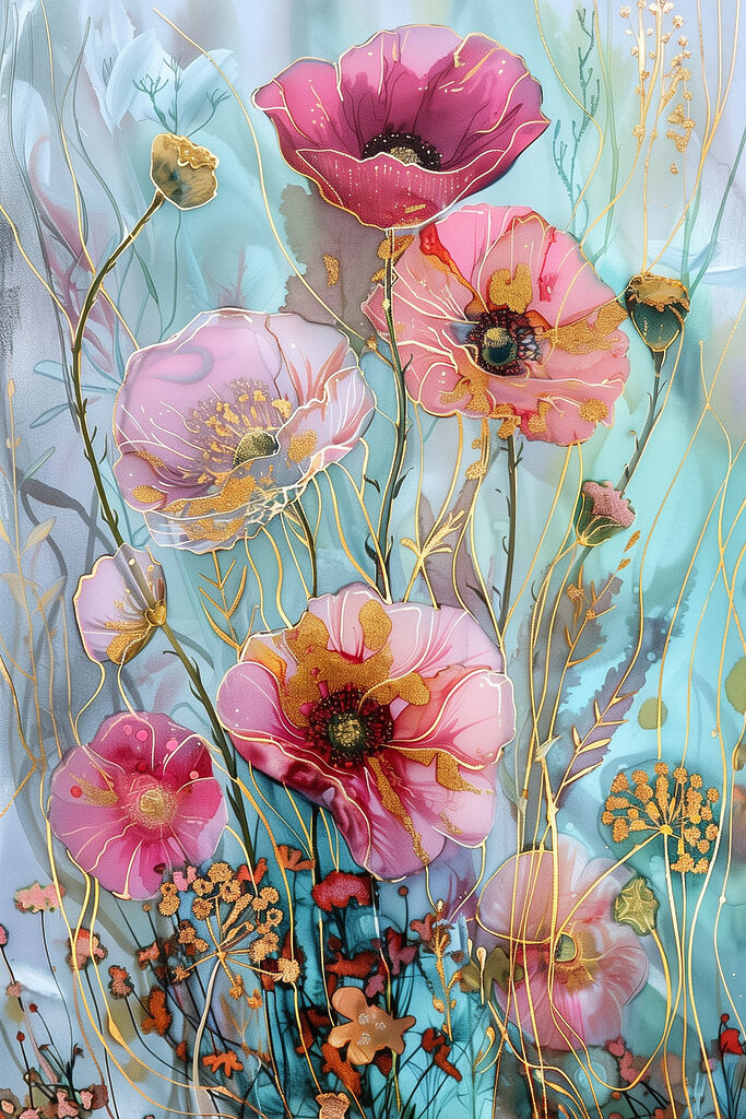 A painting of flowers on a blue background