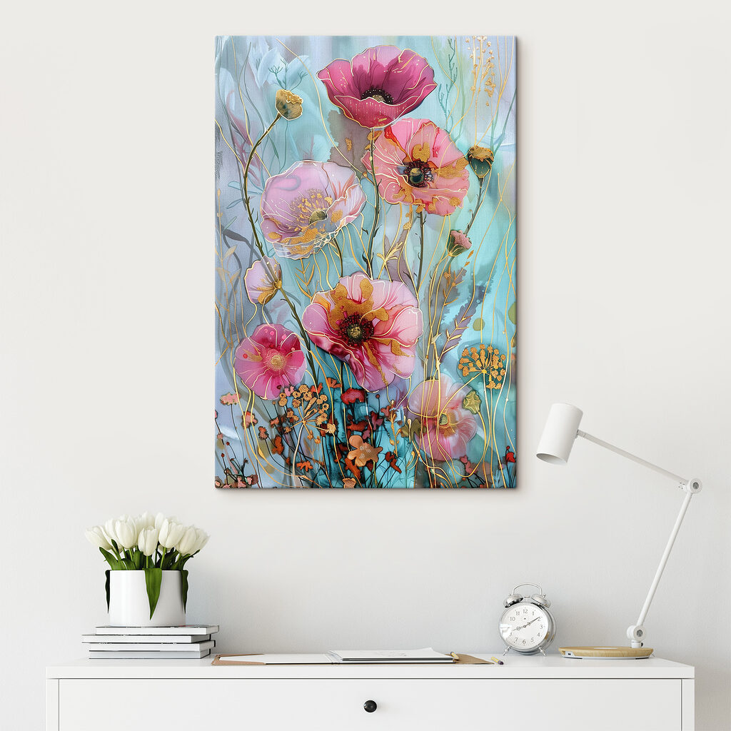 A painting of flowers on a blue background