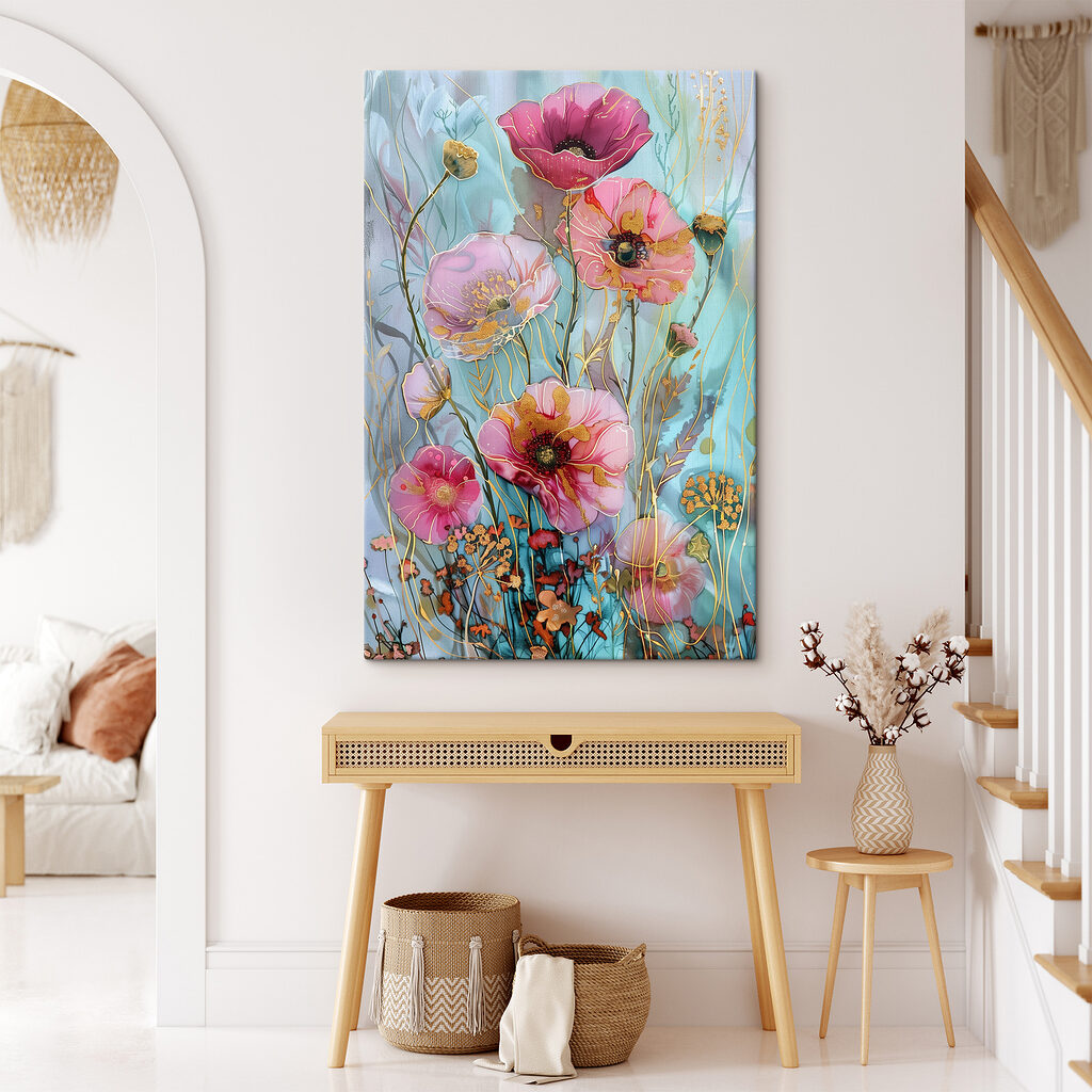 A painting of flowers on a blue background