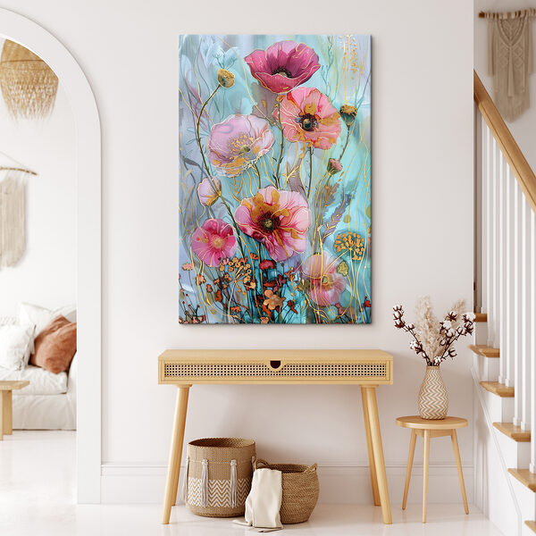 A painting of flowers on a blue background