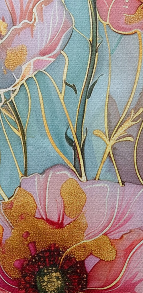A painting of flowers on a blue background