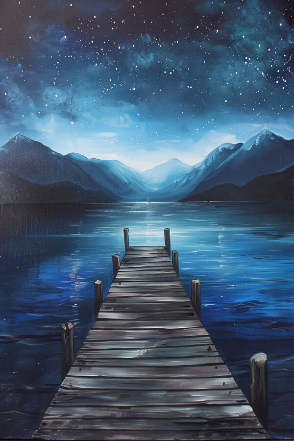 A painting of a dock on a lake A painting of a dock on a lake