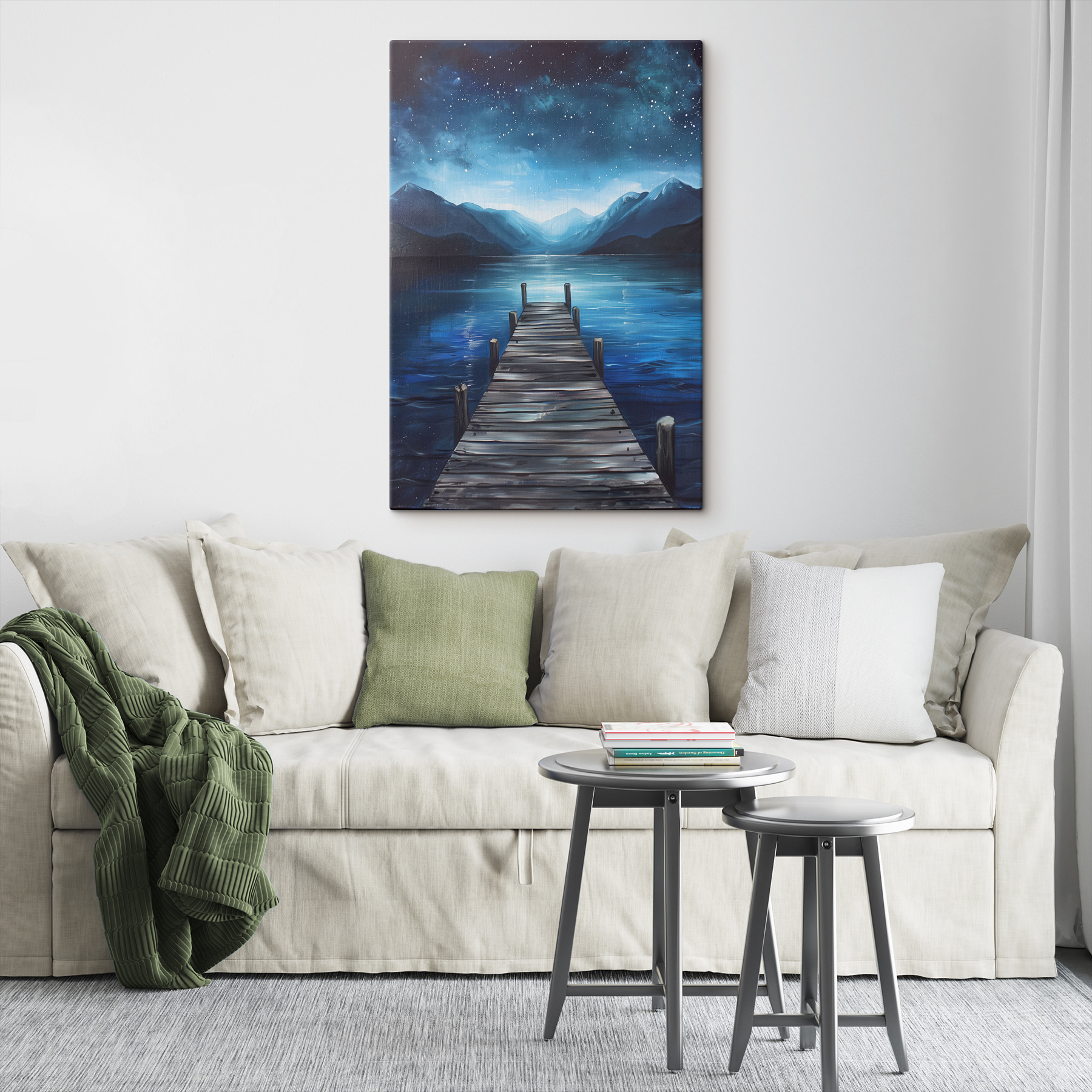A painting of a dock on a lake A painting of a dock on a lake