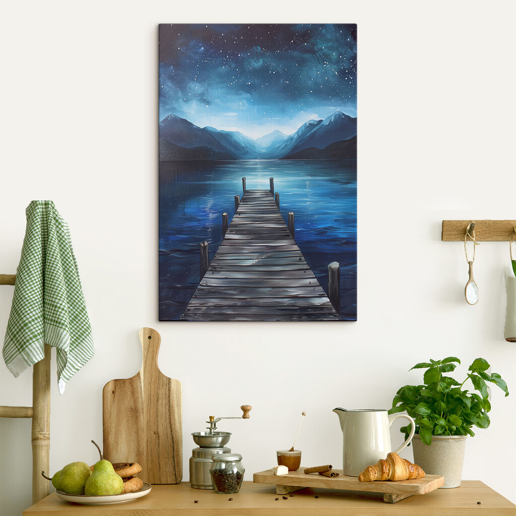 A painting of a dock on a lake A painting of a dock on a lake