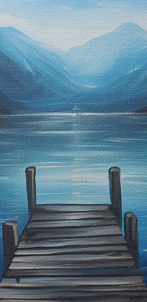 A painting of a dock on a lake A painting of a dock on a lake