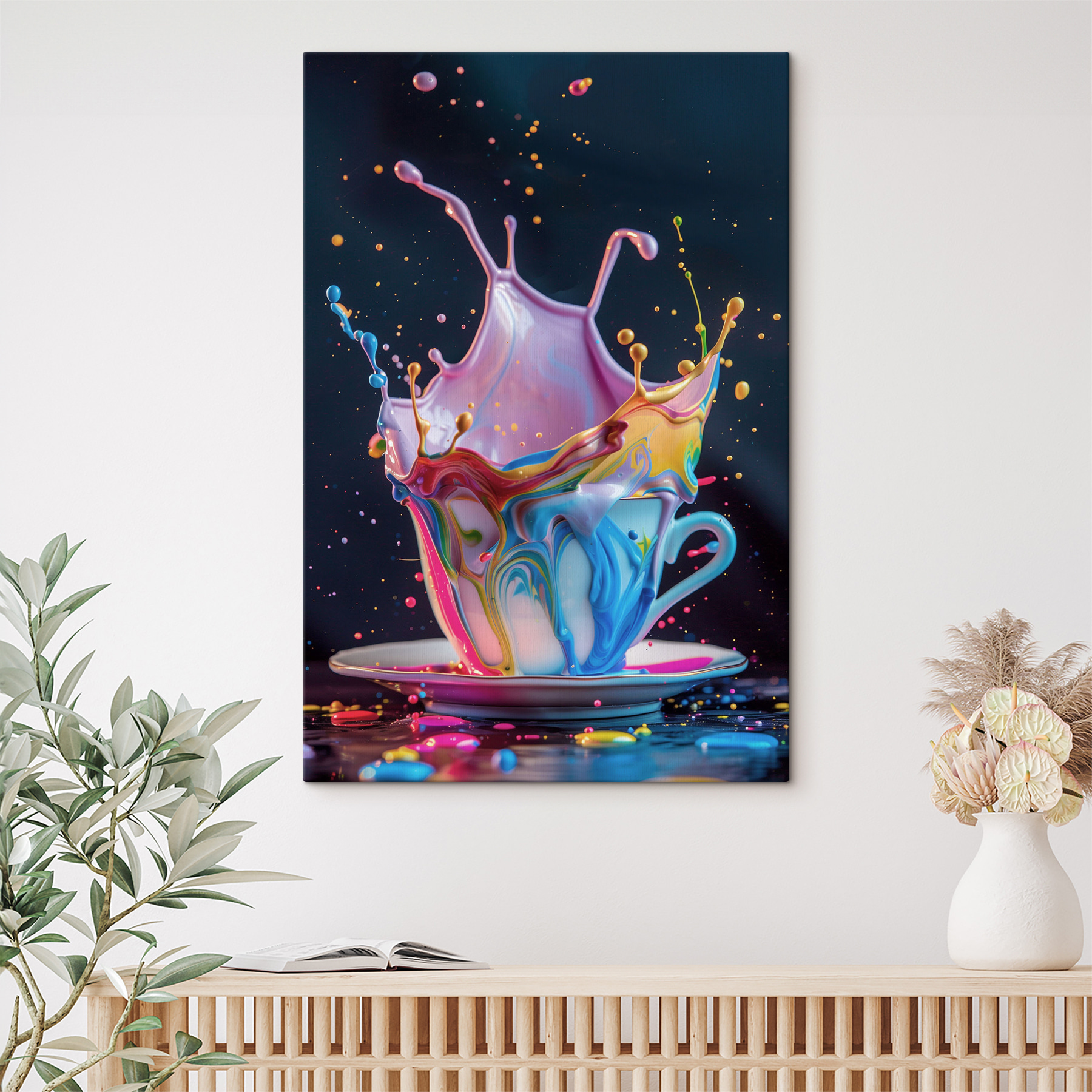 A colorful liquid splashing into a cup