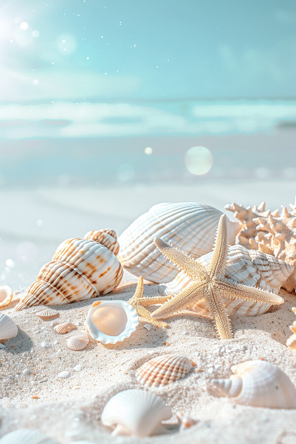 A group of shells and starfish on sand A group of shells and starfish on sand
