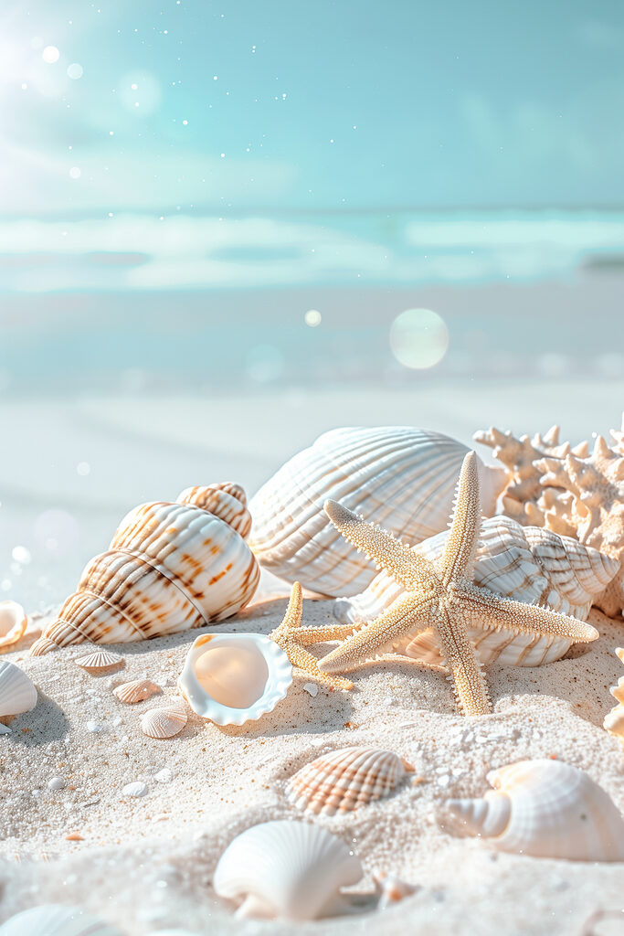 A group of shells and starfish on sand A group of shells and starfish on sand
