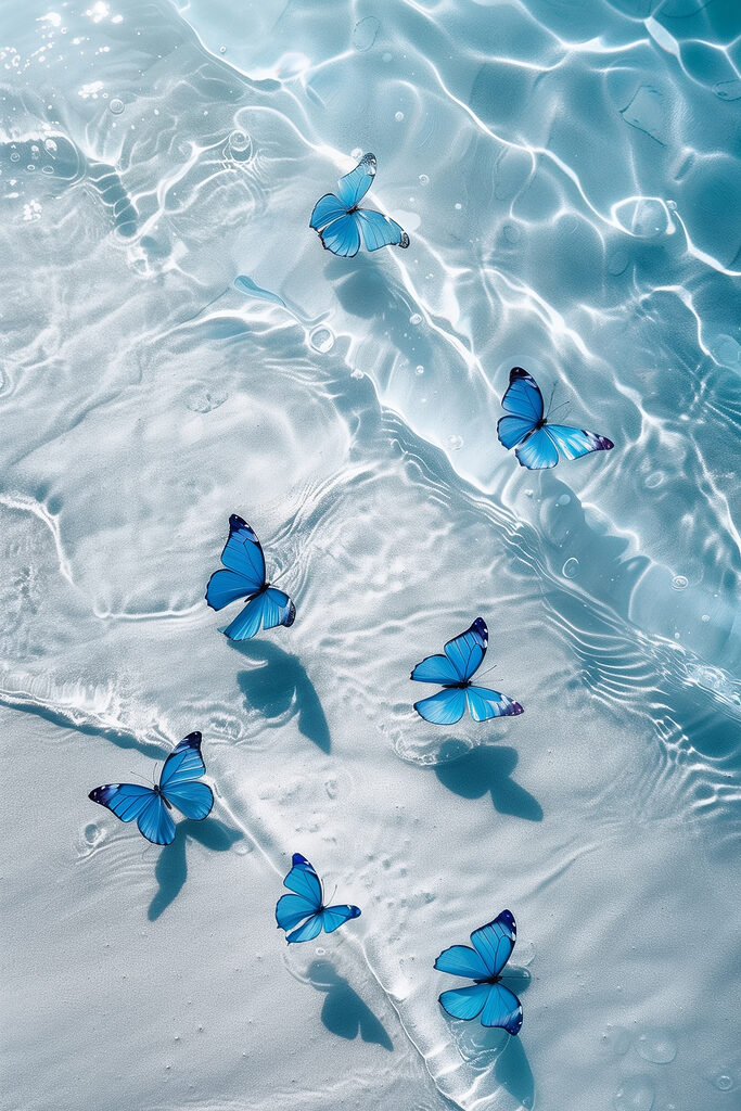 A group of blue butterflies floating on water A group of blue butterflies floating on water