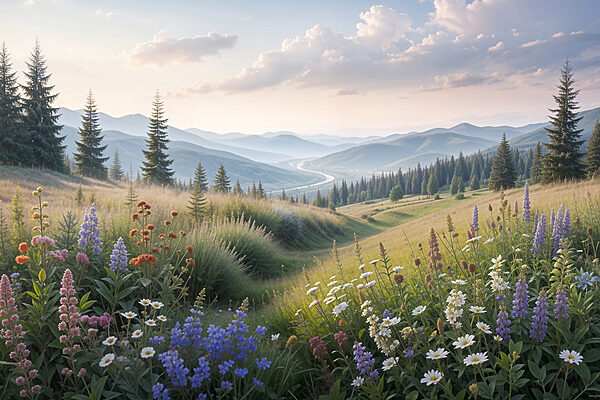 A field of flowers and trees