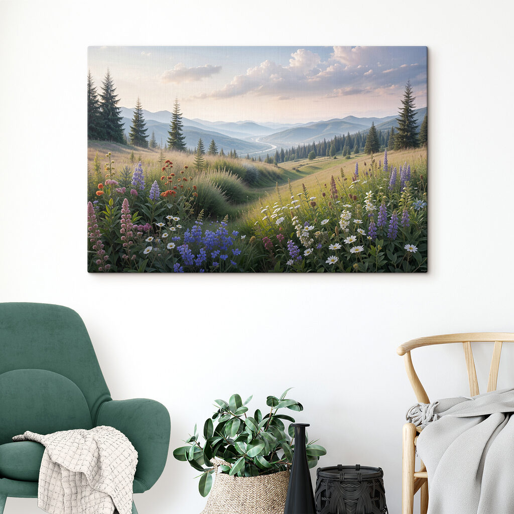 A field of flowers and trees