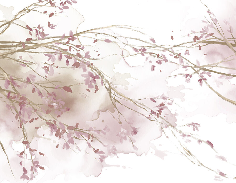 Acquerello di un ramo d'albero con fiori rosa