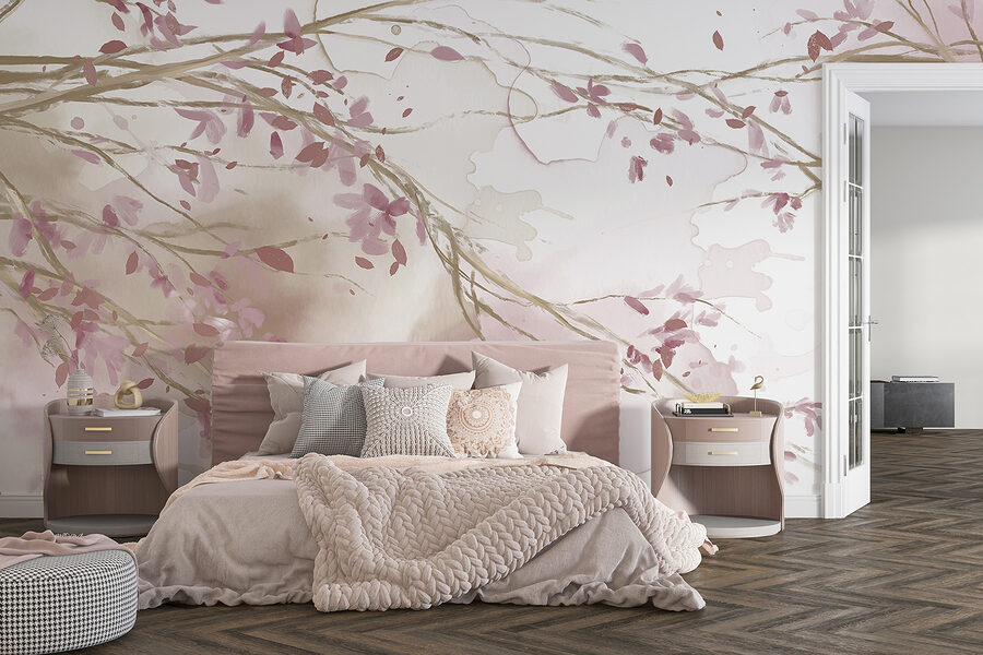 Acquerello di un ramo d'albero con fiori rosa