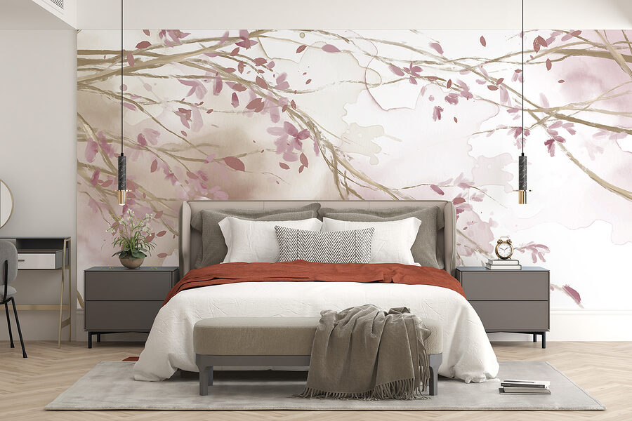 Acquerello di un ramo d'albero con fiori rosa