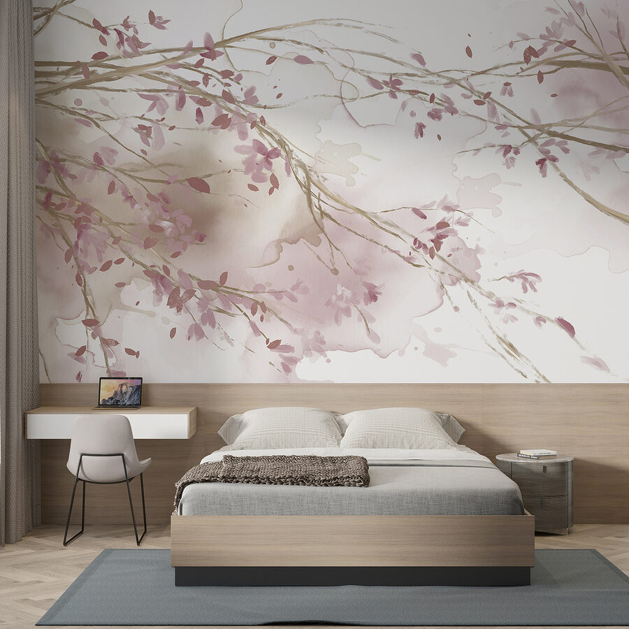 Acquerello di un ramo d'albero con fiori rosa